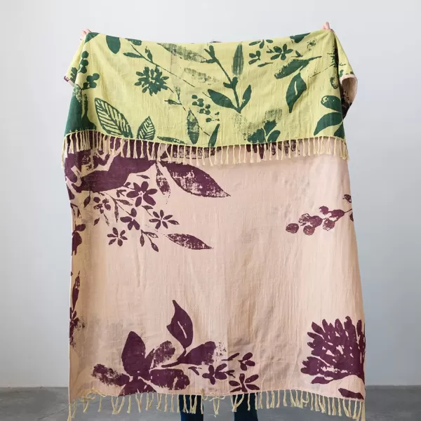 Creative CoOp 2Sided Cotton Floral Print Throw Blanket with Fringe Multicolor