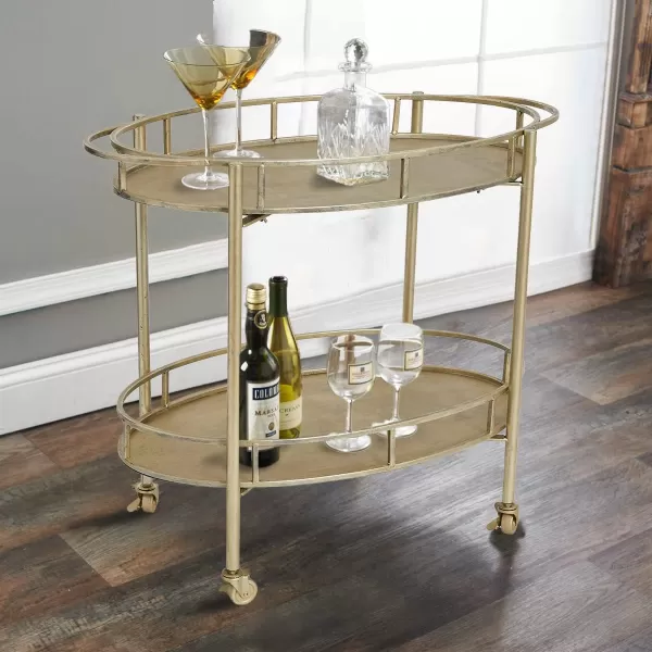 Creative CoOp Art Deco Oval 2Tier Bar Cart with Wheels Antique Silver Finish