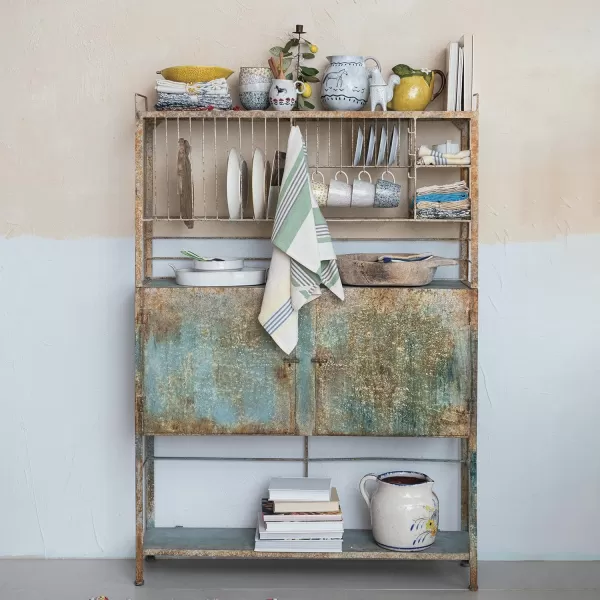 Creative CoOp Blue Heavily Distressed Metal Cabinet with Slatted Shelves