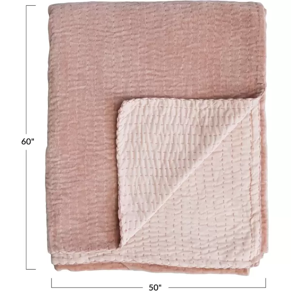 Creative CoOp Cotton Velvet Kantha Stitch Peach Throw Blanket Pink