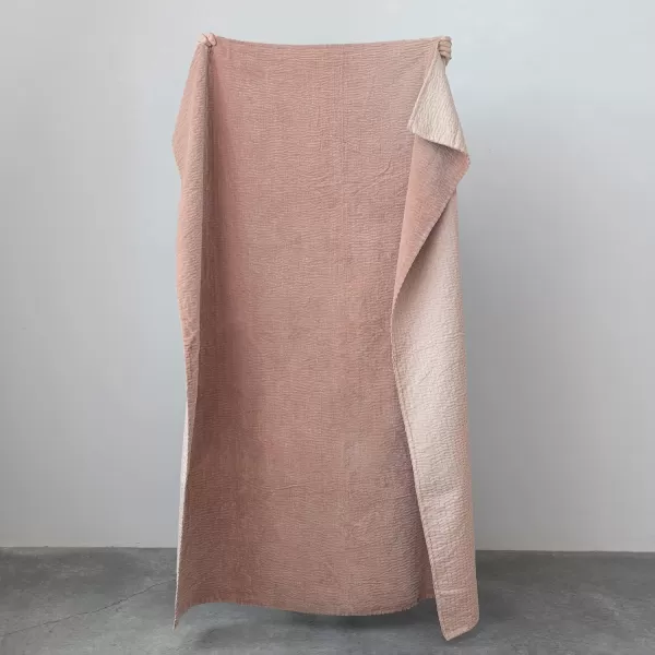 Creative CoOp Cotton Velvet Kantha Stitch Peach Throw Blanket Pink