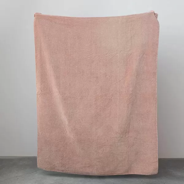 Creative CoOp Cotton Velvet Kantha Stitch Peach Throw Blanket Pink