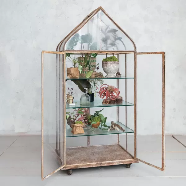 Creative CoOp Distressed Metal and Acrylic Terrarium on Wheels Grey