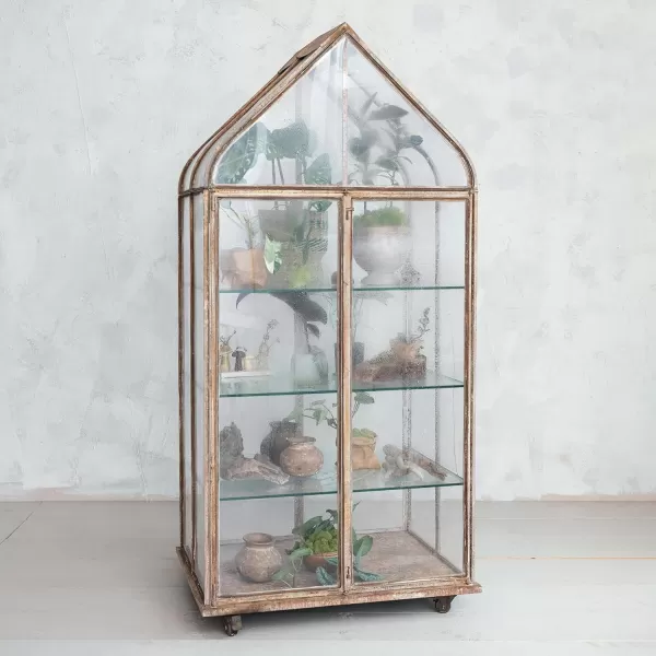 Creative CoOp Distressed Metal and Acrylic Terrarium on Wheels Grey