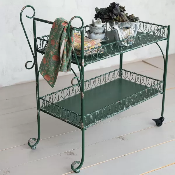 Creative CoOp Distressed Vintage Metal Bar Cart on Wheels Green