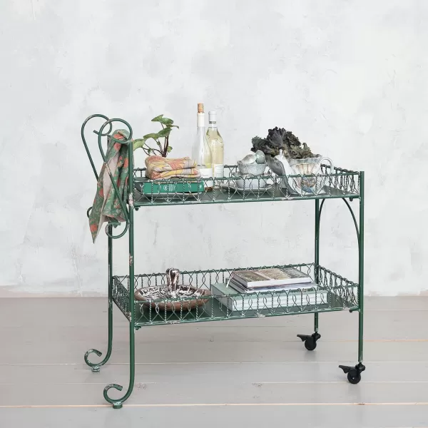 Creative CoOp Distressed Vintage Metal Bar Cart on Wheels Green