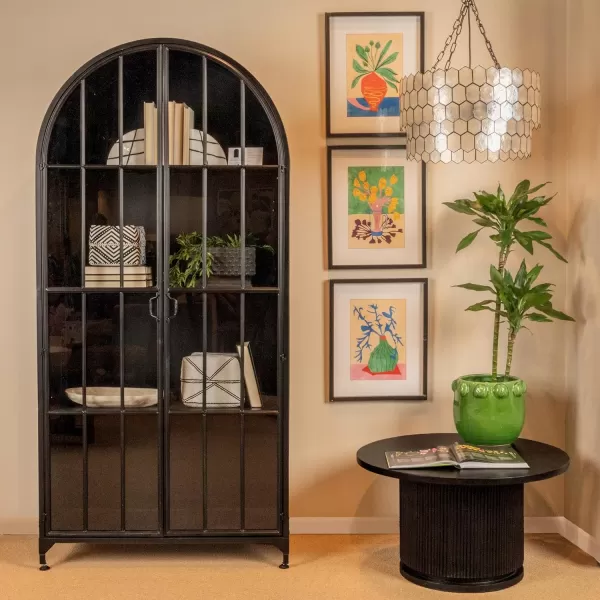 Creative CoOp Grey Modern Arched Metal Cabinet with Glass ShelvesBlack
