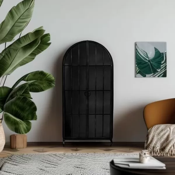 Creative CoOp Grey Modern Arched Metal Cabinet with Glass ShelvesBlack