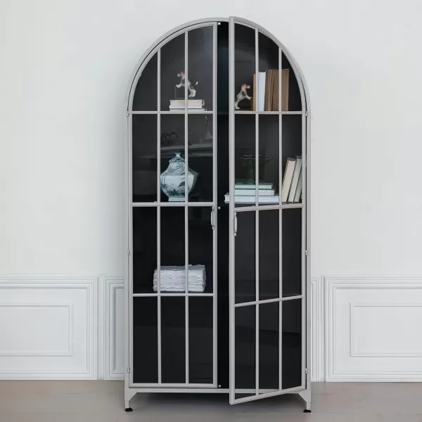 Creative CoOp Grey Modern Arched Metal Cabinet with Glass ShelvesGrey