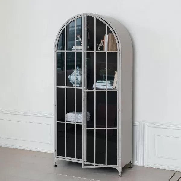 Creative CoOp Grey Modern Arched Metal Cabinet with Glass ShelvesGrey