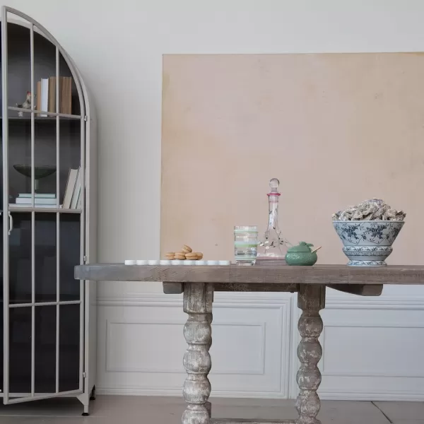 Creative CoOp Grey Modern Arched Metal Cabinet with Glass ShelvesGrey