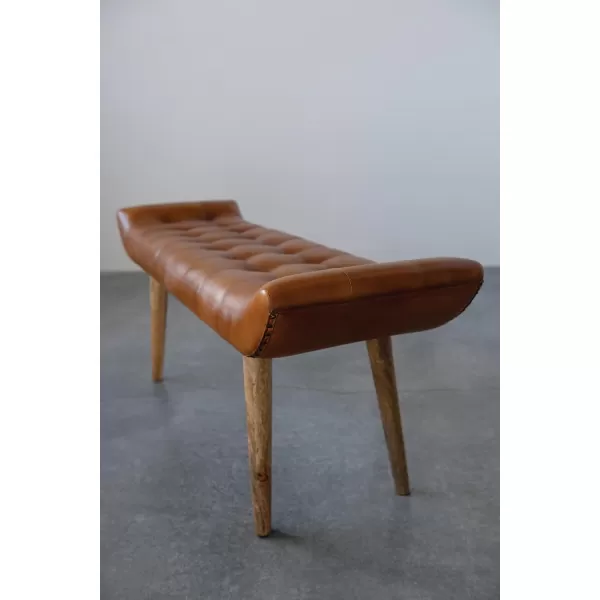 Creative CoOp Leather Tufted Wood Legs Bench Tobacco