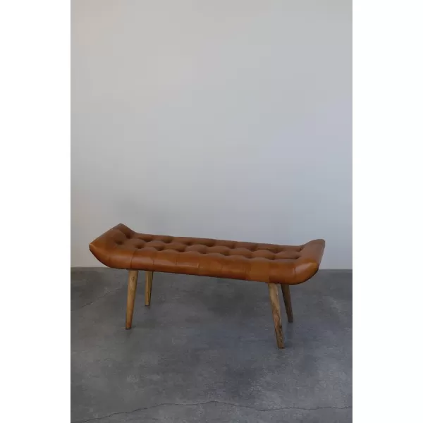 Creative CoOp Leather Tufted Wood Legs Bench Tobacco