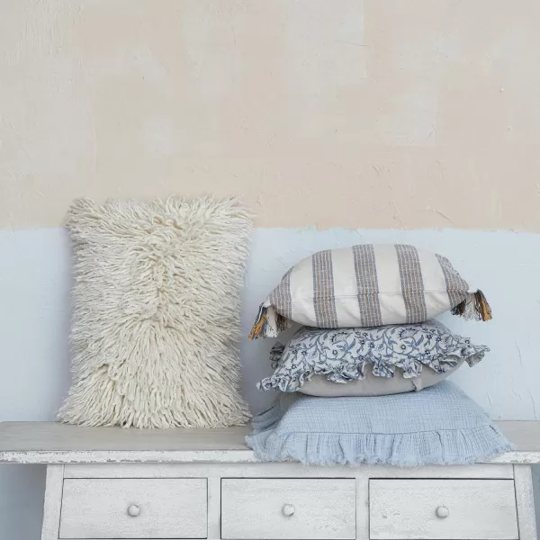 Creative CoOp Light Blue Cotton Pillow with Ruffled Trim