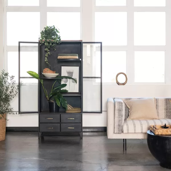 Creative CoOp Modern Acacia Wood and Metal 2 Glass Doors Black Cabinet Gray