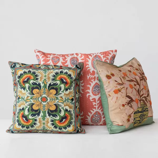 Creative CoOp Multi Square Cotton Embroidered Pillow with Design Color