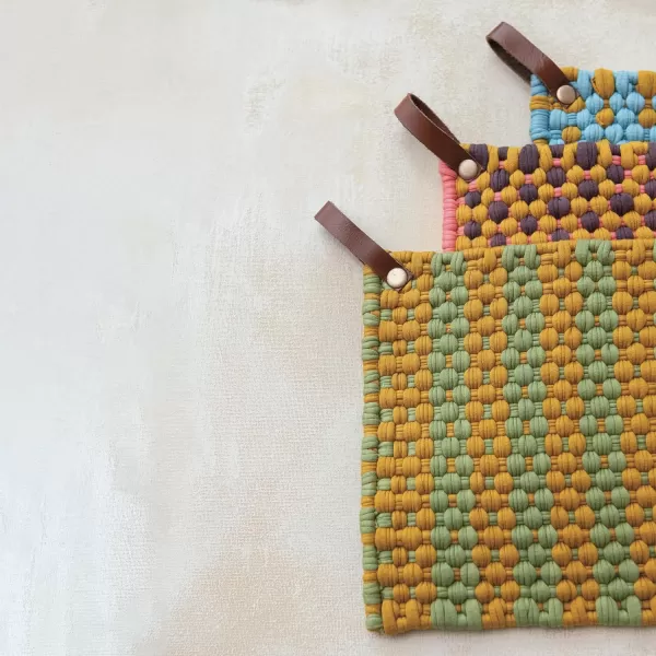imageCreative CoOp MultiTone Cotton Crocheted Pot Holder with Leather Loop Multicolor Set of 3