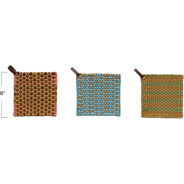 imageCreative CoOp MultiTone Cotton Crocheted Pot Holder with Leather Loop Multicolor Set of 3
