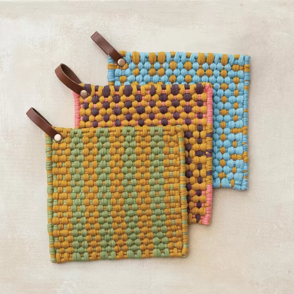 imageCreative CoOp MultiTone Cotton Crocheted Pot Holder with Leather Loop Multicolor Set of 3