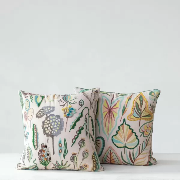 Creative CoOp Multicolor Square Cotton Chambray Pillow with 2 Botanicals Design Set of 2