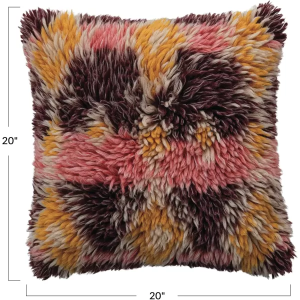 Creative CoOp Multicolor Square Woven New Zealand Wool Shag Pillow with Cotton Back