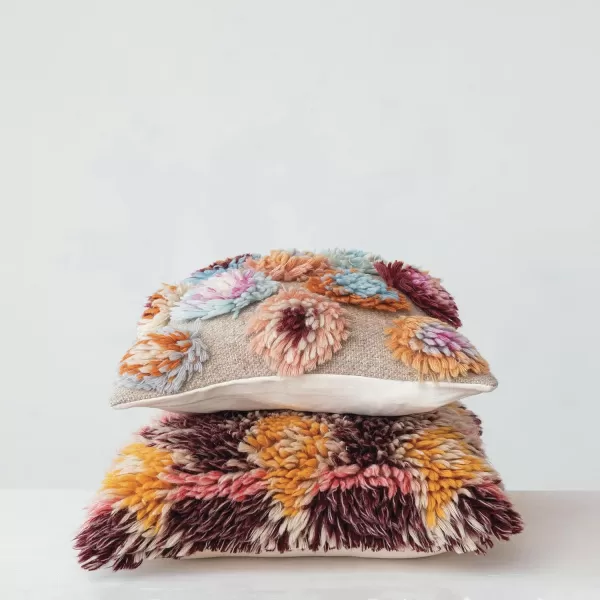Creative CoOp Multicolor Square Woven New Zealand Wool Shag Pillow with Cotton Back
