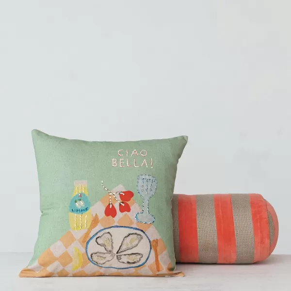 Creative CoOp Pink Cotton Velvet and Jute Bolster Pillow with Stripes Grey