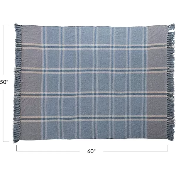 Creative CoOp Plaid Cotton Blend Throw with Fringe Blue
