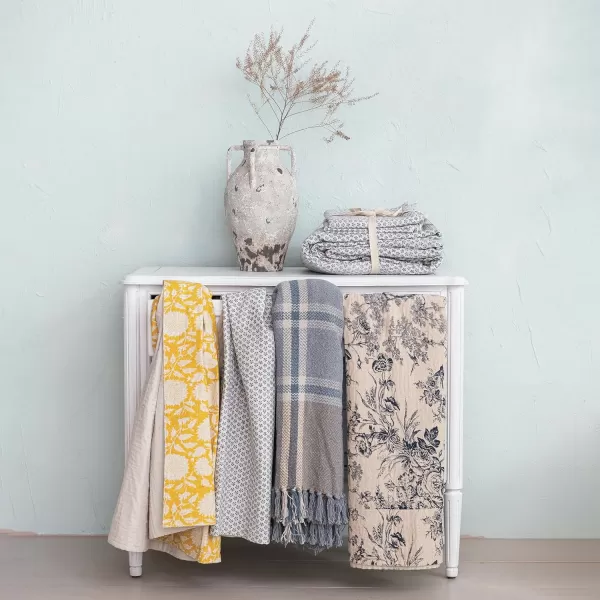 Creative CoOp Plaid Cotton Blend Throw with Fringe Blue