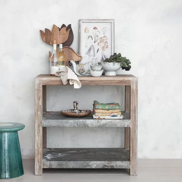 Creative CoOp Reclaimed Wood and Metal Clad Credenza with 2 Shelves Natural