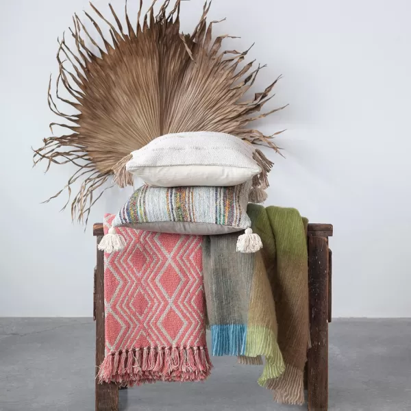 Creative CoOp Recycled Cotton Blend Geometric Design and Fringe Multicolor Throw Blanket PinkPink
