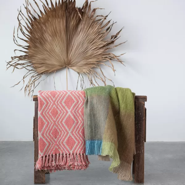 Creative CoOp Recycled Cotton Blend Geometric Design and Fringe Multicolor Throw Blanket PinkPink