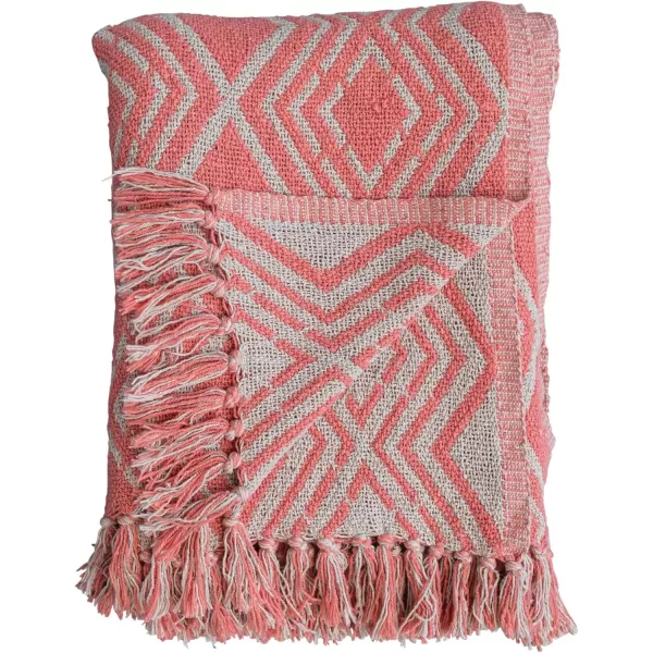 Creative CoOp Recycled Cotton Blend Geometric Design and Fringe Multicolor Throw Blanket PinkPink