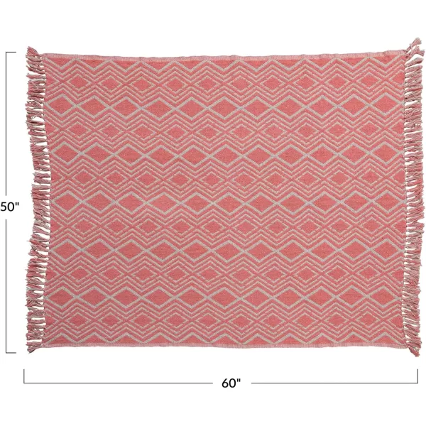 Creative CoOp Recycled Cotton Blend Geometric Design and Fringe Multicolor Throw Blanket PinkPink