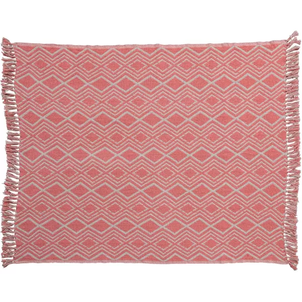Creative CoOp Recycled Cotton Blend Geometric Design and Fringe Multicolor Throw Blanket PinkPink