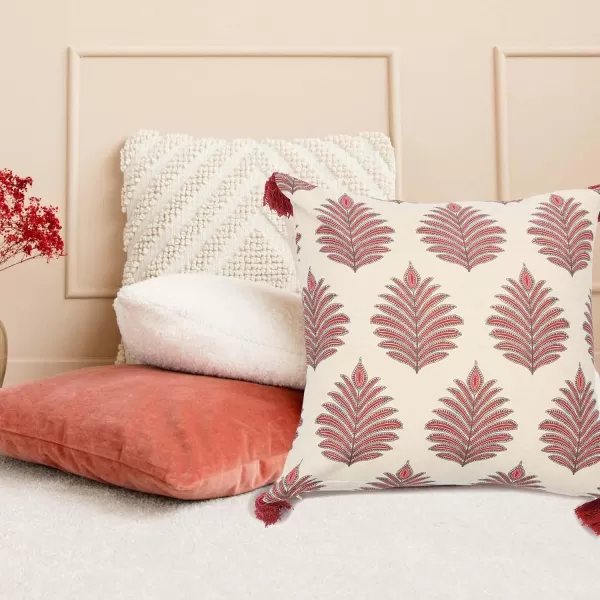 Creative CoOp Square Fern Frond Tassels Pillow Cream and Burgundy