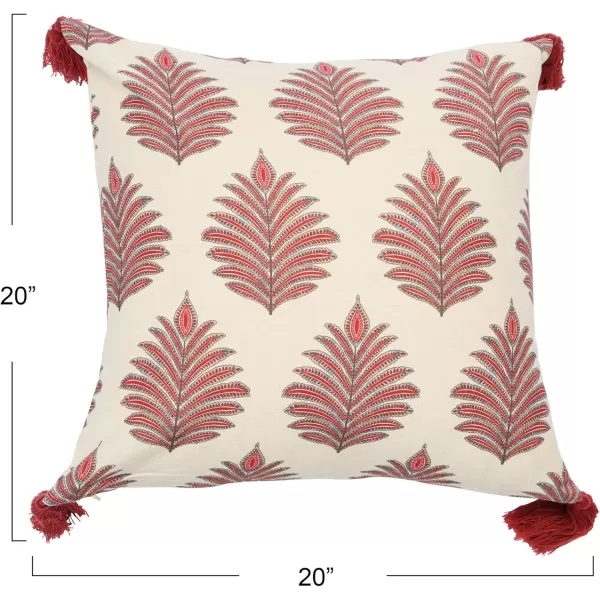 Creative CoOp Square Fern Frond Tassels Pillow Cream and Burgundy