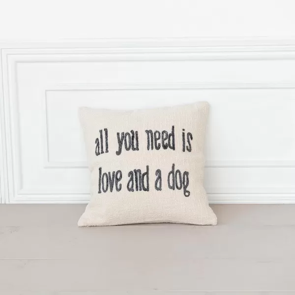 Creative CoOp White Square Cotton and Jute Pillow with Embroidered All You Need  Text