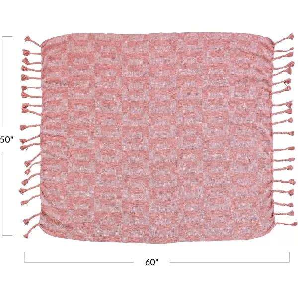 Creative CoOp Woven Cotton Blend Geometric Pattern and Braided Fringe Pink Throw Blanket