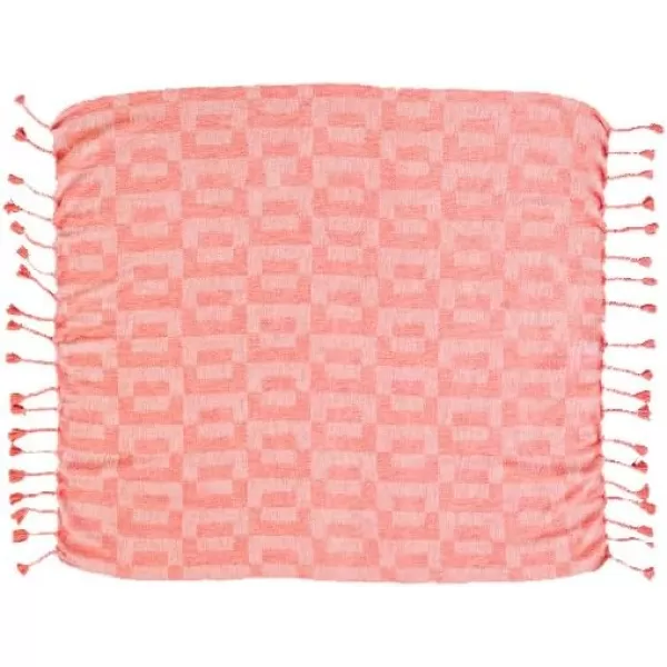 Creative CoOp Woven Cotton Blend Geometric Pattern and Braided Fringe Pink Throw Blanket