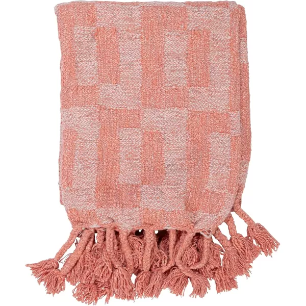 Creative CoOp Woven Cotton Blend Geometric Pattern and Braided Fringe Pink Throw Blanket
