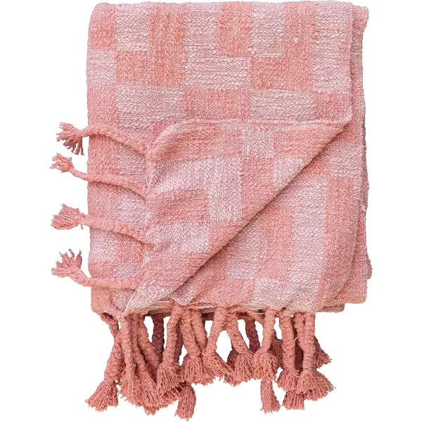 Creative CoOp Woven Cotton Blend Geometric Pattern and Braided Fringe Pink Throw Blanket