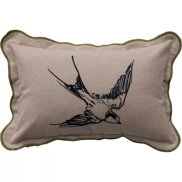 Creative CoOp 14 Inches Cotton Chambray Printed Lumbar Bird Embroidery Patterned Back and Scalloped Edge Multicolored Pillow Natural