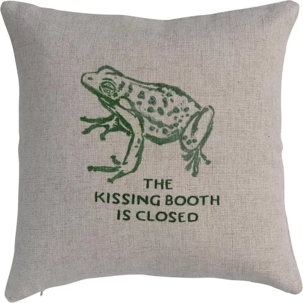 Creative CoOp 16quot Square Linen Blend Frog and The Kissing Booth is Closed Text Prints and French Knots Natural and Green Pillow