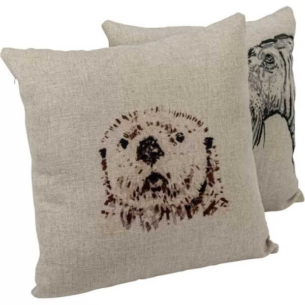 Creative CoOp 18 Inches Square Printed Linen Animal Design Embroidery Cream Set of 2 Pillows