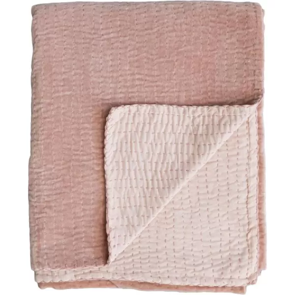 Creative CoOp Cotton Velvet Kantha Stitch Peach Throw Blanket Pink
