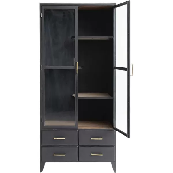 Creative CoOp Modern Acacia Wood and Metal 2 Glass Doors Black Cabinet Gray
