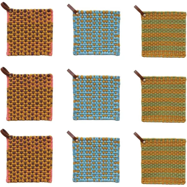 imageCreative CoOp MultiTone Cotton Crocheted Pot Holder with Leather Loop Multicolor Set of 3