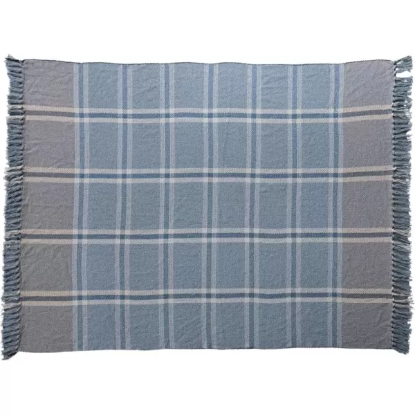 Creative CoOp Plaid Cotton Blend Throw with Fringe Blue