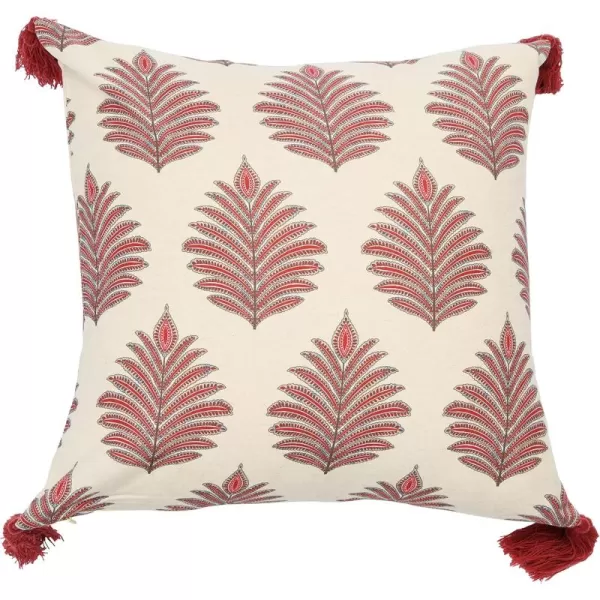 Creative CoOp Square Fern Frond Tassels Pillow Cream and Burgundy